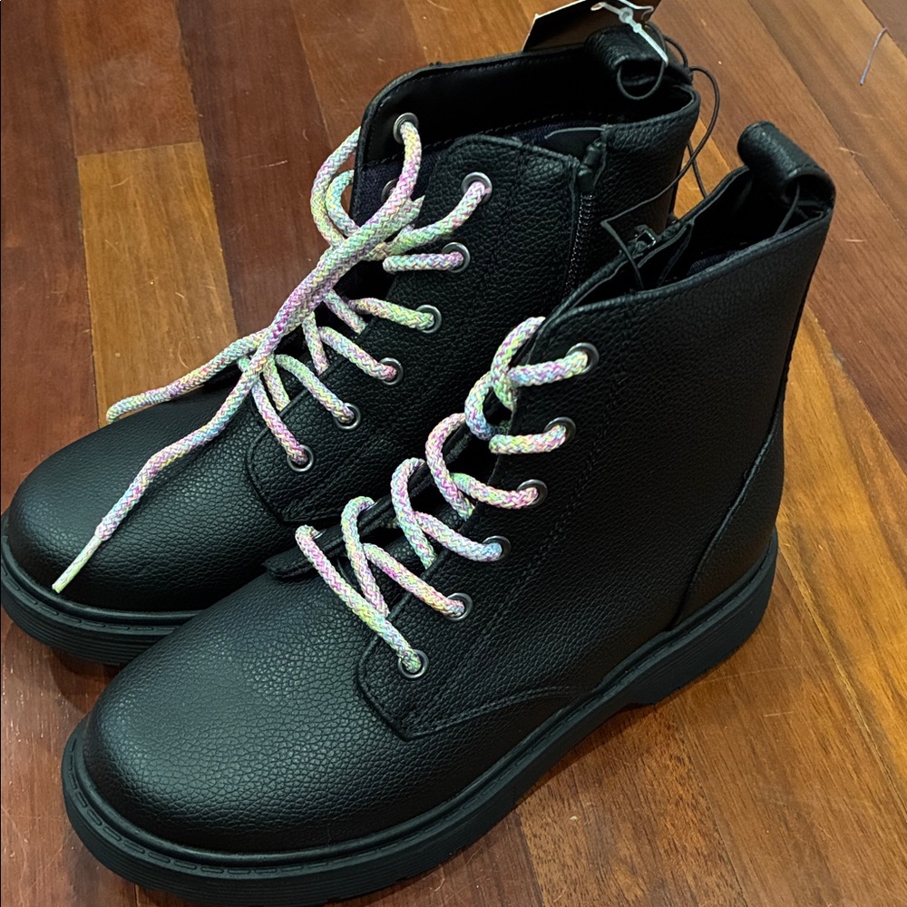 art class Black combat Kids Boots with Multicolor Laces